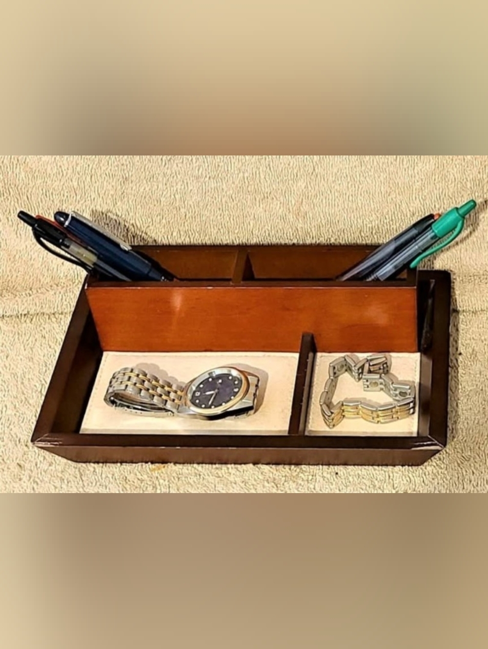 Valet Leather Wood Desk Organizer Brown Beige Vintage 2012 Items Not Included